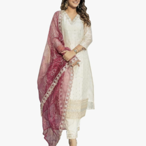 Utsav Vastra Women's Chanderi Silk Embroidered Kurta with Pant & Organza Dupatta Set | Casual Outfit Ethnic Kurta Set for Women | Modern