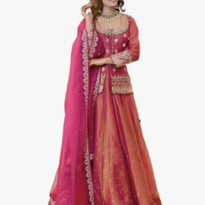 Women’s Chanderi Silk Embroidered Kurta Set with Lehenga Style Bottom & Dupatta | Bollywood Style Embroidery lehenga Choli Set For Woman