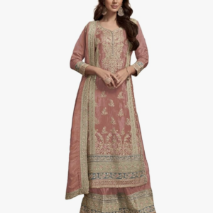 Utsav Vastra Women's Peach Chinon Stitched Top With Stitched Chinon Bottom and Chinon Dupatta Full Sleeve Embroidered Straight Top (ME-1192)