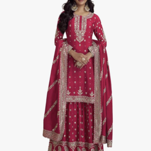Utsav Vastra Women's Pink Chinon Stitched Top With Stitched Chinon Bottom and Chinon Dupatta Full Sleeve Embroidered Straight Top (ME-1194)